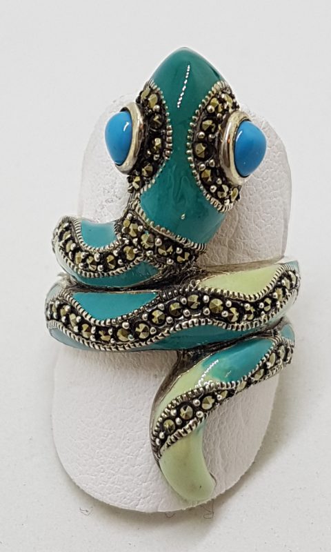 Sterling Silver Marcasite and Enamel Large Ornate Coiled Snake Ring - Turquoise Blue