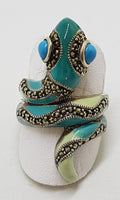 Sterling Silver Marcasite and Enamel Large Ornate Coiled Snake Ring - Turquoise Blue