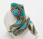 Sterling Silver Marcasite and Enamel Large Ornate Coiled Snake Ring - Turquoise Blue