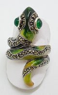 Sterling Silver Marcasite and Enamel Large Ornate Coiled Snake Ring - Green &amp; Yellow