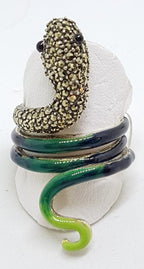 Sterling Silver Marcasite and Enamel Large Coiled Snake Ring - Green &amp; Blue