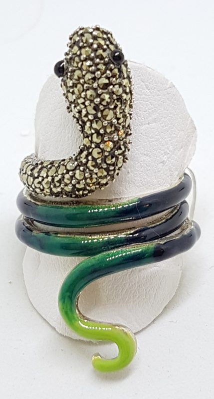 Sterling Silver Marcasite and Enamel Large Coiled Snake Ring - Green &amp; Blue