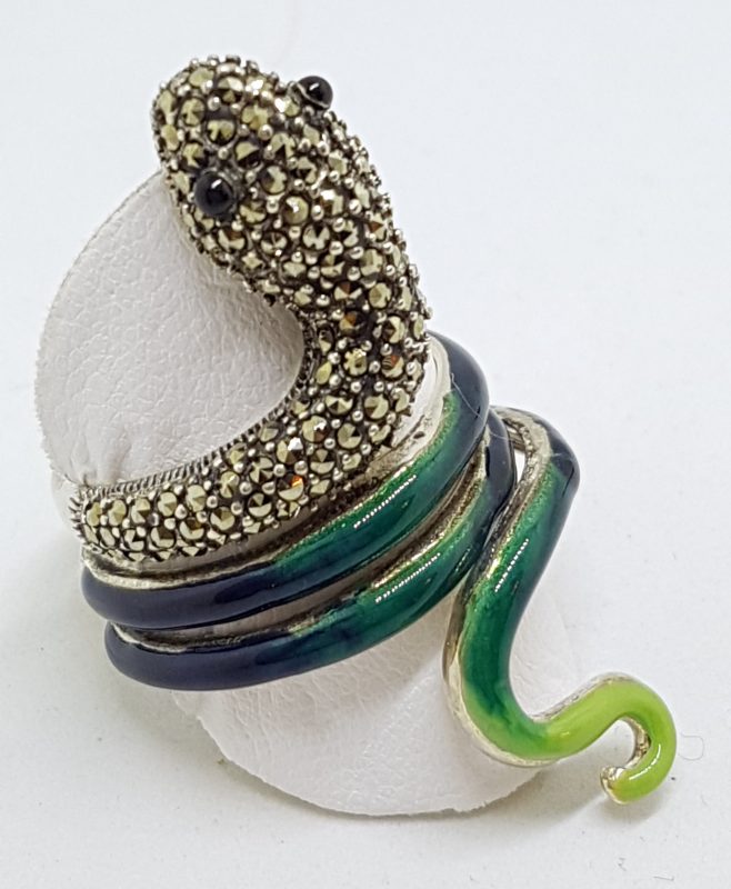 Sterling Silver Marcasite and Enamel Large Coiled Snake Ring - Green &amp; Blue