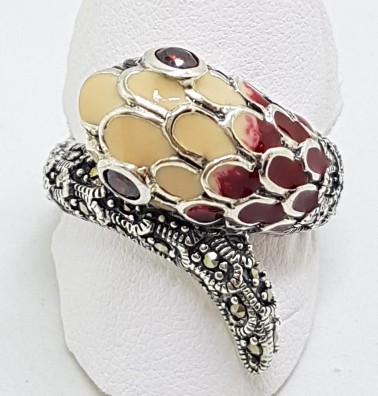 Sterling Silver Marcasite and Enamel Snake Ring - Red &amp; Beige/Cream