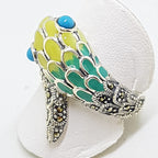 Sterling Silver Marcasite and Enamel Snake Ring - Turquoise Blue &amp; Yellow