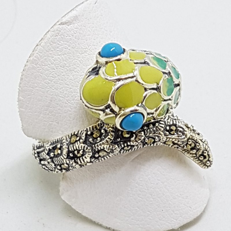 Sterling Silver Marcasite and Enamel Snake Ring - Turquoise Blue &amp; Yellow