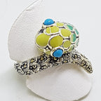 Sterling Silver Marcasite and Enamel Snake Ring - Turquoise Blue &amp; Yellow