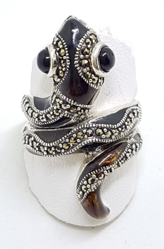 Sterling Silver Marcasite and Enamel Large Ornate Coiled Snake Ring - Brown