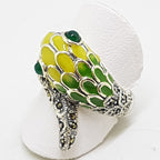 Sterling Silver Marcasite and Enamel Snake Ring - Green &amp; Yellow