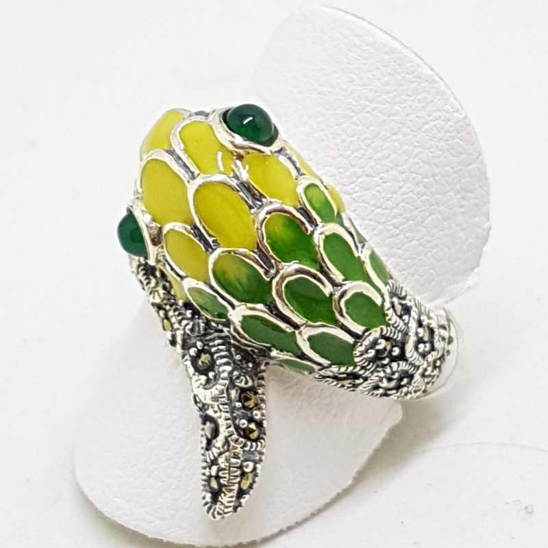 Sterling Silver Marcasite and Enamel Snake Ring - Green &amp; Yellow