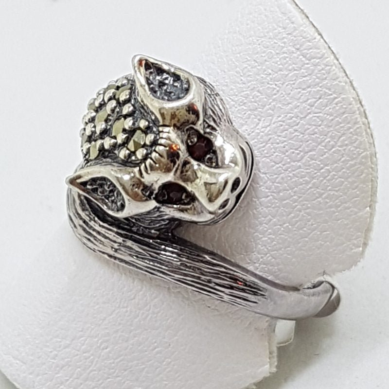 Sterling Silver Marcasite &amp; Ruby Cat / Panther / Bat Head Ring