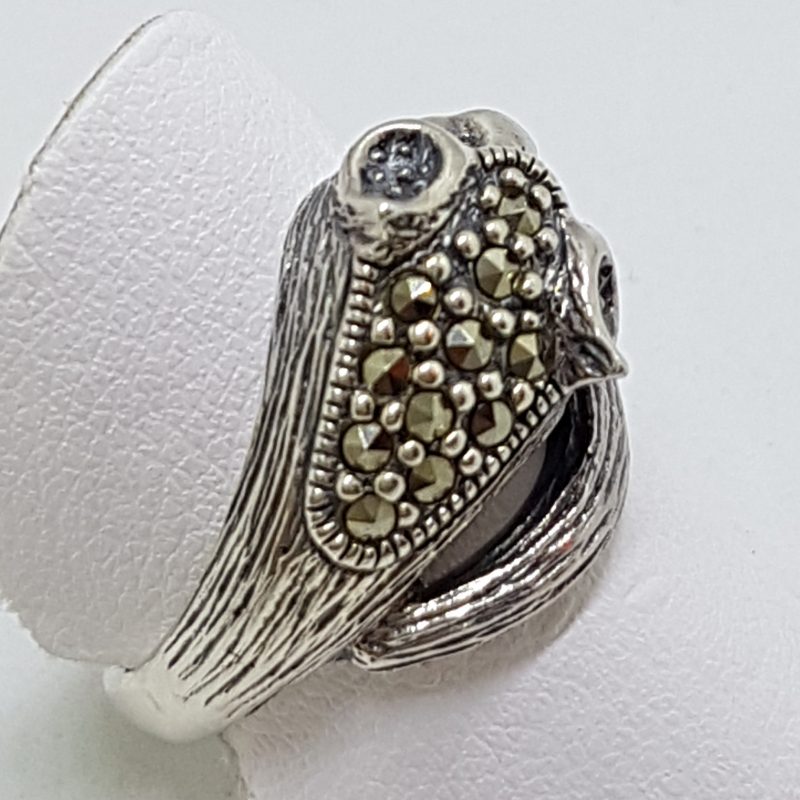 Sterling Silver Marcasite &amp; Ruby Cat / Panther / Bat Head Ring