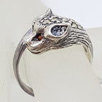 Sterling Silver Marcasite &amp; Ruby Cat / Panther / Bat Head Ring