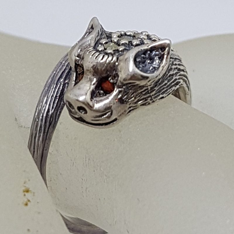 Sterling Silver Marcasite &amp; Ruby Cat / Panther / Bat Head Ring
