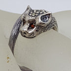 Sterling Silver Marcasite &amp; Ruby Cat / Panther / Bat Head Ring