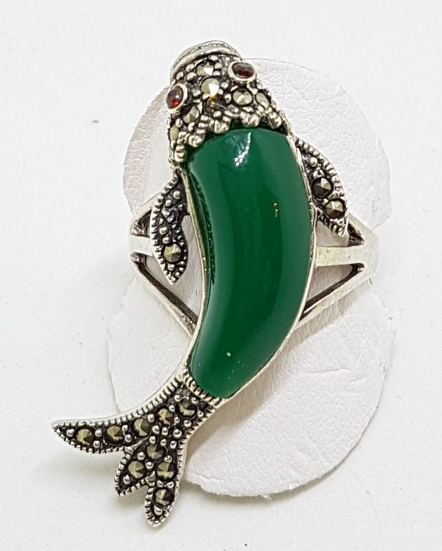 Sterling Silver Marcasite and Green Agate/Onyx Large Koi Fish Ring