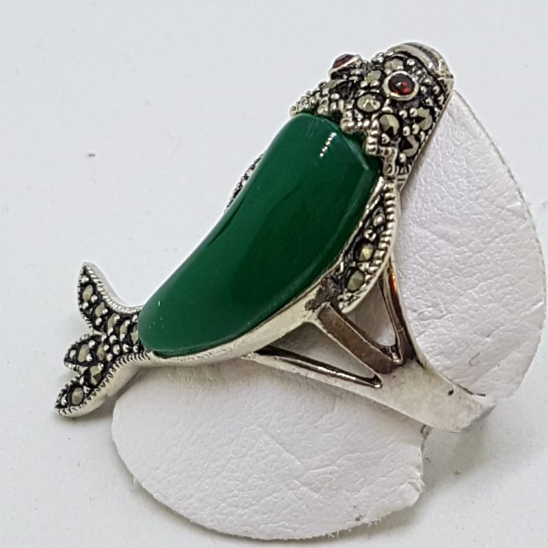 Sterling Silver Marcasite and Green Agate/Onyx Large Koi Fish Ring