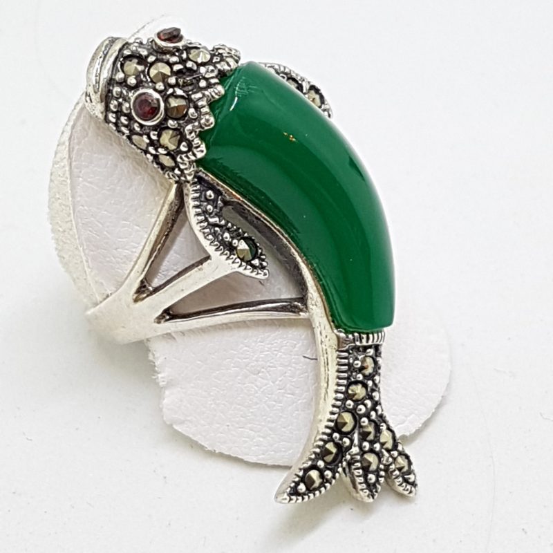 Sterling Silver Marcasite and Green Agate/Onyx Large Koi Fish Ring