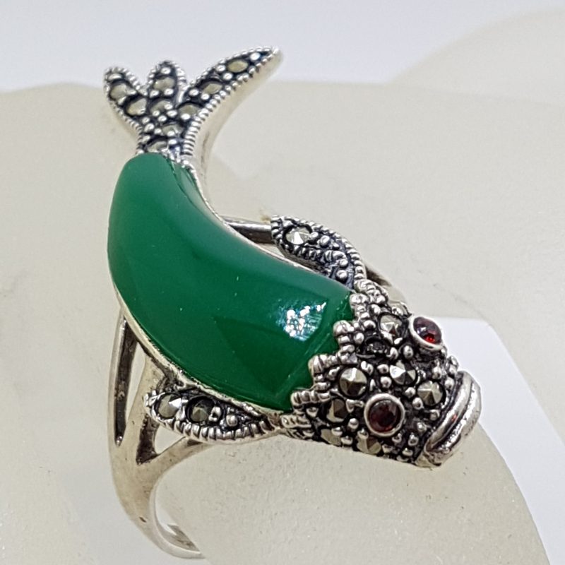 Sterling Silver Marcasite and Green Agate/Onyx Large Koi Fish Ring
