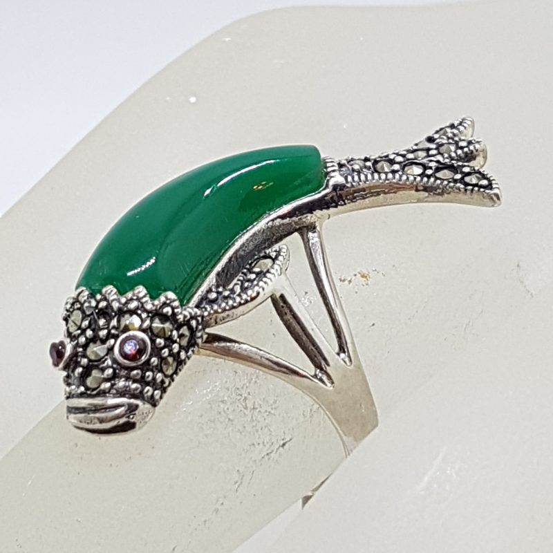 Sterling Silver Marcasite and Green Agate/Onyx Large Koi Fish Ring