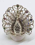 Sterling Silver Marcasite, Ruby, Emerald and Sapphire Large Ornate Peacock Ring