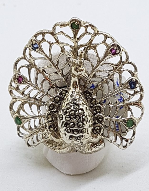 Sterling Silver Marcasite, Ruby, Emerald and Sapphire Large Ornate Peacock Ring