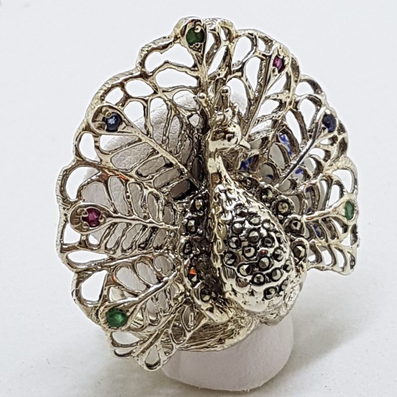 Sterling Silver Marcasite, Ruby, Emerald and Sapphire Large Ornate Peacock Ring