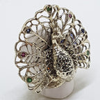 Sterling Silver Marcasite, Ruby, Emerald and Sapphire Large Ornate Peacock Ring