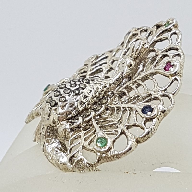 Sterling Silver Marcasite, Ruby, Emerald and Sapphire Large Ornate Peacock Ring
