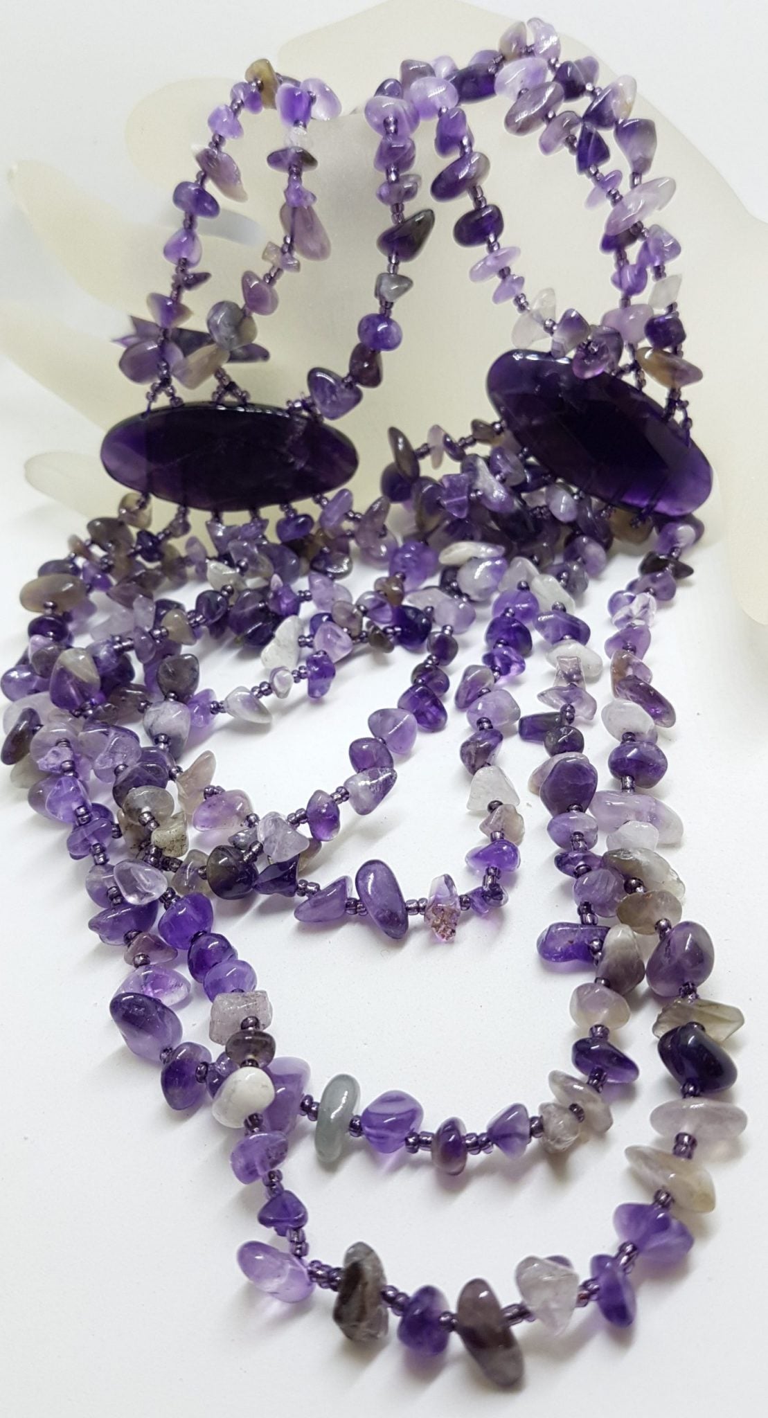 Sterling Silver Clasped Very Large &amp; Long Multi Strand Amethyst Bead Necklace / Chain