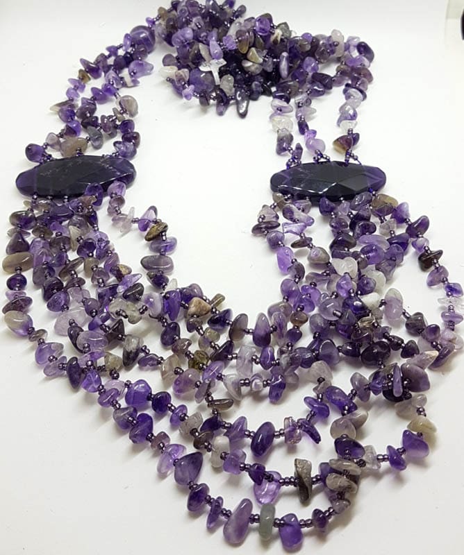 Sterling Silver Clasped Very Large &amp; Long Multi Strand Amethyst Bead Necklace / Chain