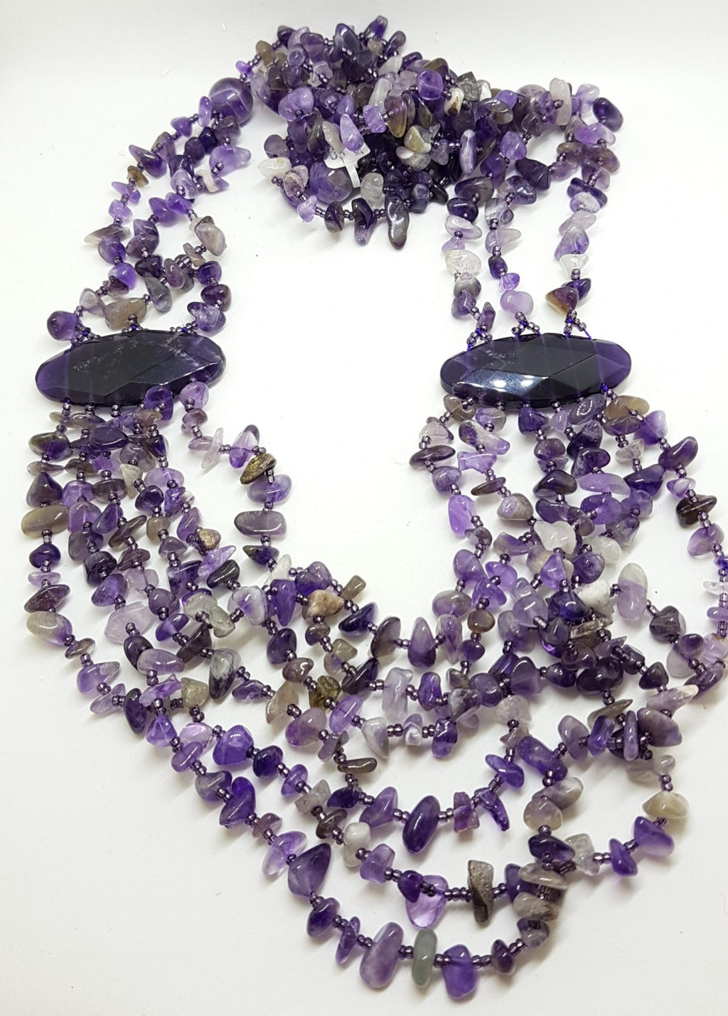 Sterling Silver Clasped Very Large &amp; Long Multi Strand Amethyst Bead Necklace / Chain