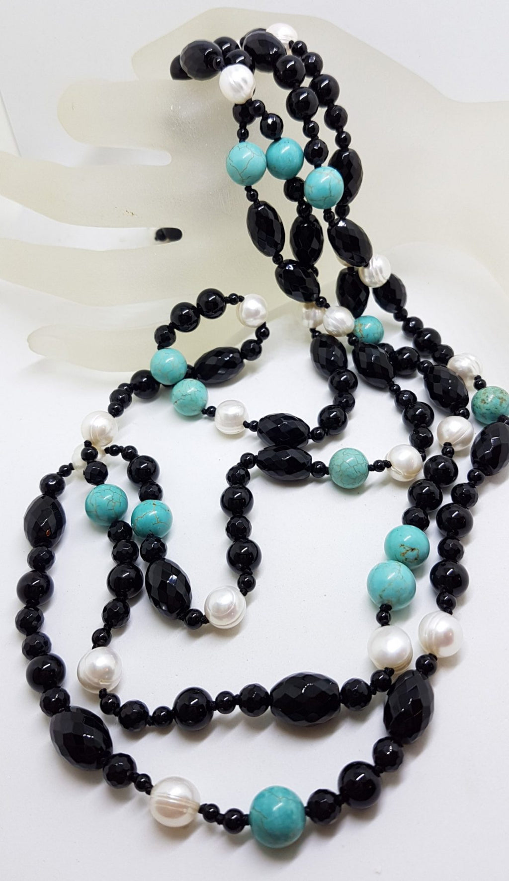 Very Long Multi Strand Onyx, Pearl and Turquoise Bead Necklace / Chain