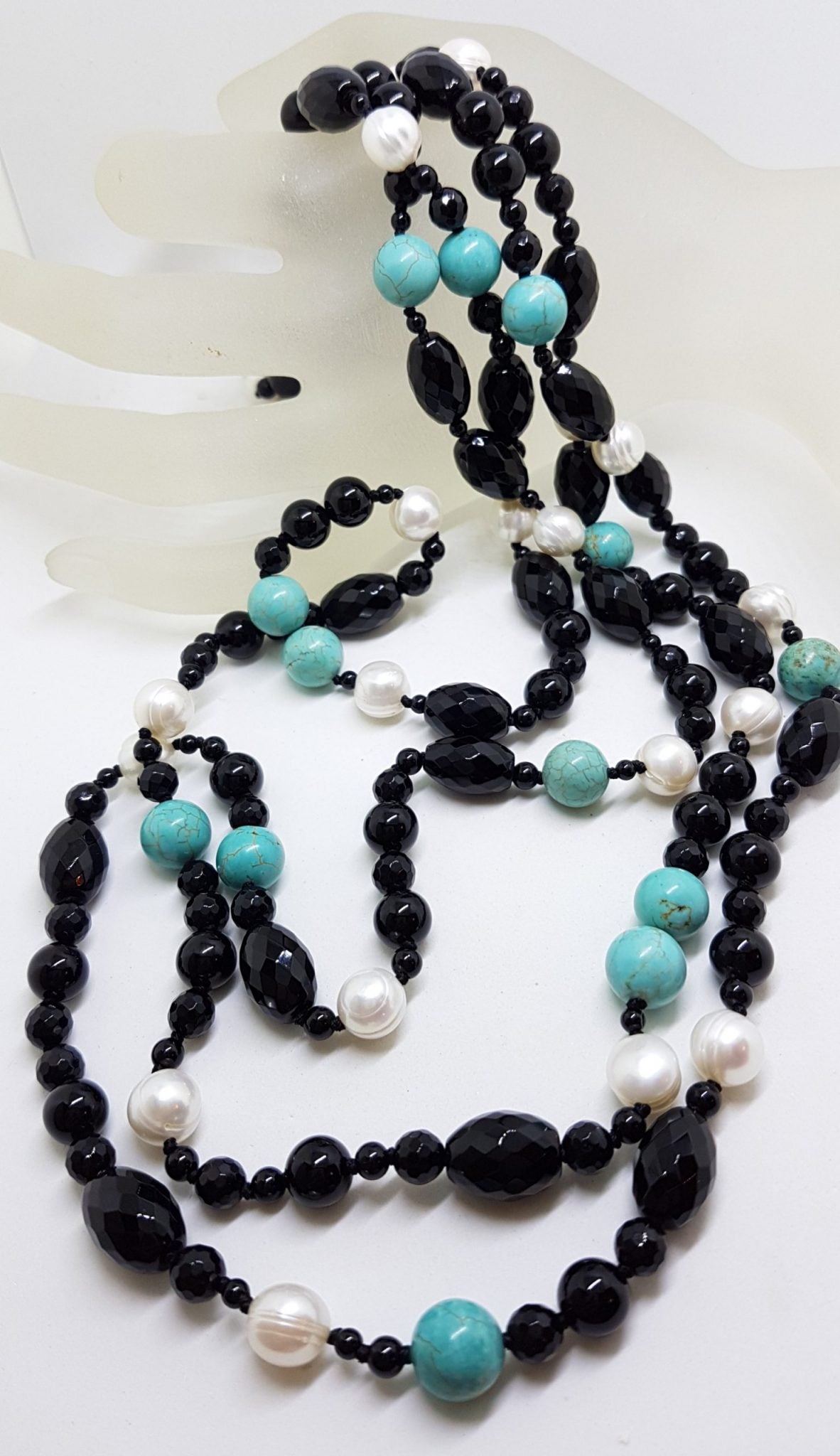 Very Long Multi Strand Onyx, Pearl and Turquoise Bead Necklace / Chain