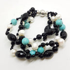 Multi Strand Onyx, Pearl and Turquoise Bead Bracelet