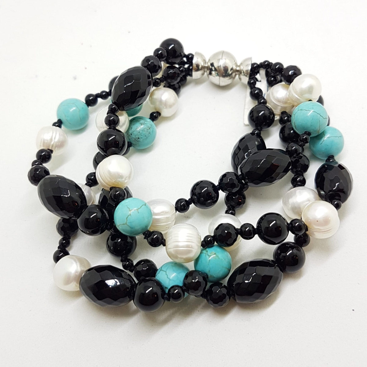 Multi Strand Onyx, Pearl and Turquoise Bead Bracelet