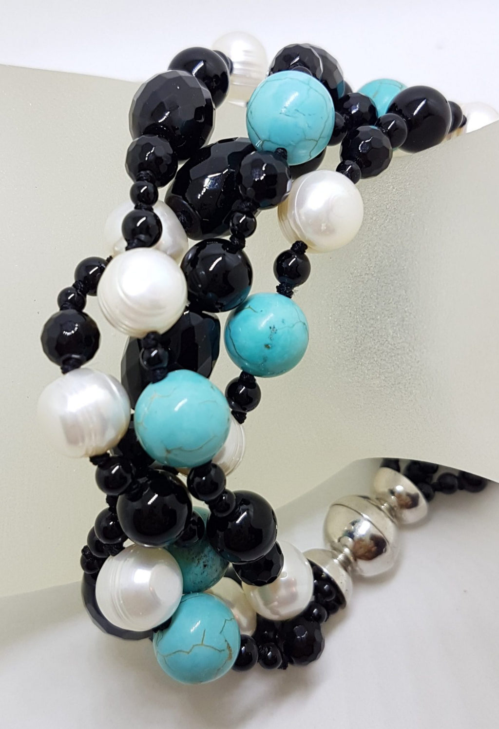 Multi Strand Onyx, Pearl and Turquoise Bead Bracelet
