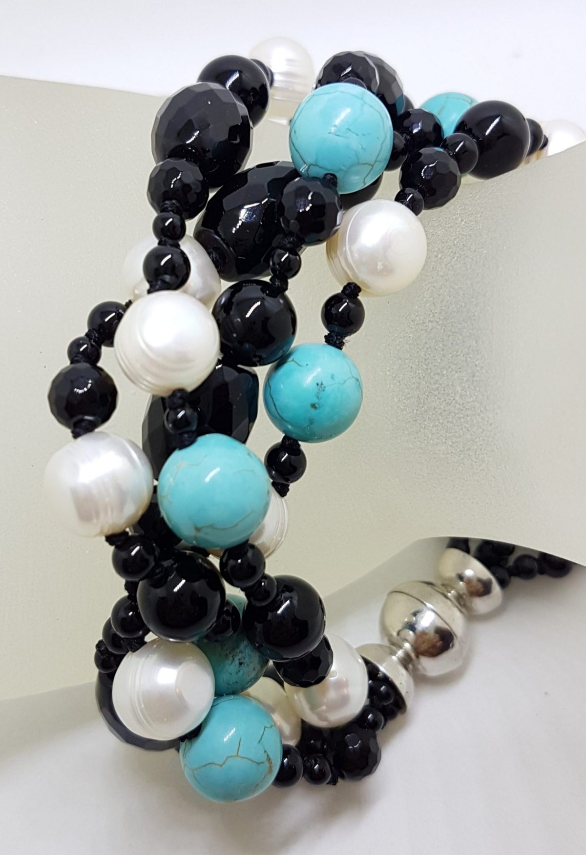Multi Strand Onyx, Pearl and Turquoise Bead Bracelet