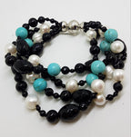 Multi Strand Onyx, Pearl and Turquoise Bead Bracelet