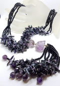 Sterling Silver Clasped Very Long Amethyst, Pearl &amp; Onyx Tassel Bead Necklace / Chain
