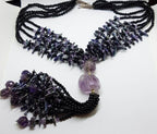 Sterling Silver Clasped Very Long Amethyst, Pearl &amp; Onyx Tassel Bead Necklace / Chain