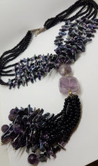 Sterling Silver Clasped Very Long Amethyst, Pearl &amp; Onyx Tassel Bead Necklace / Chain