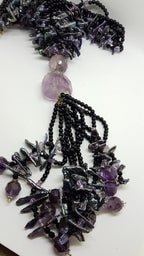 Sterling Silver Clasped Very Long Amethyst, Pearl &amp; Onyx Tassel Bead Necklace / Chain