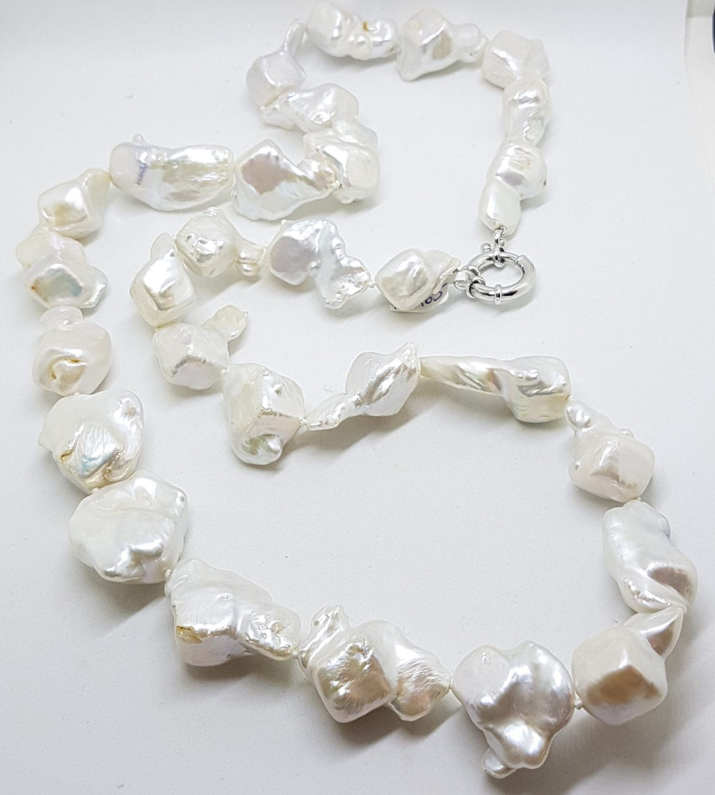 Sterling Silver Clasped Large &amp; Long Baroque Pearl Necklace / Chain