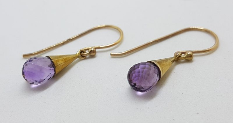 9ct Yellow Gold Amethyst in Cone Drop Earrings