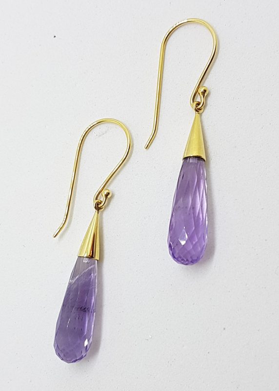 14ct Yellow Gold Long Amethyst in Cone Drop Earrings