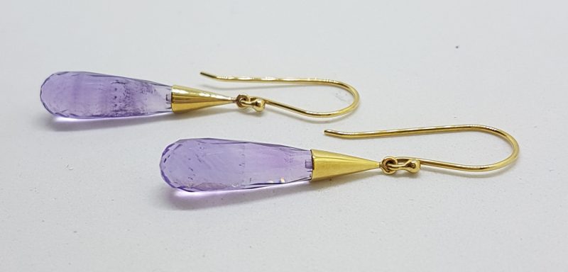 14ct Yellow Gold Long Amethyst in Cone Drop Earrings