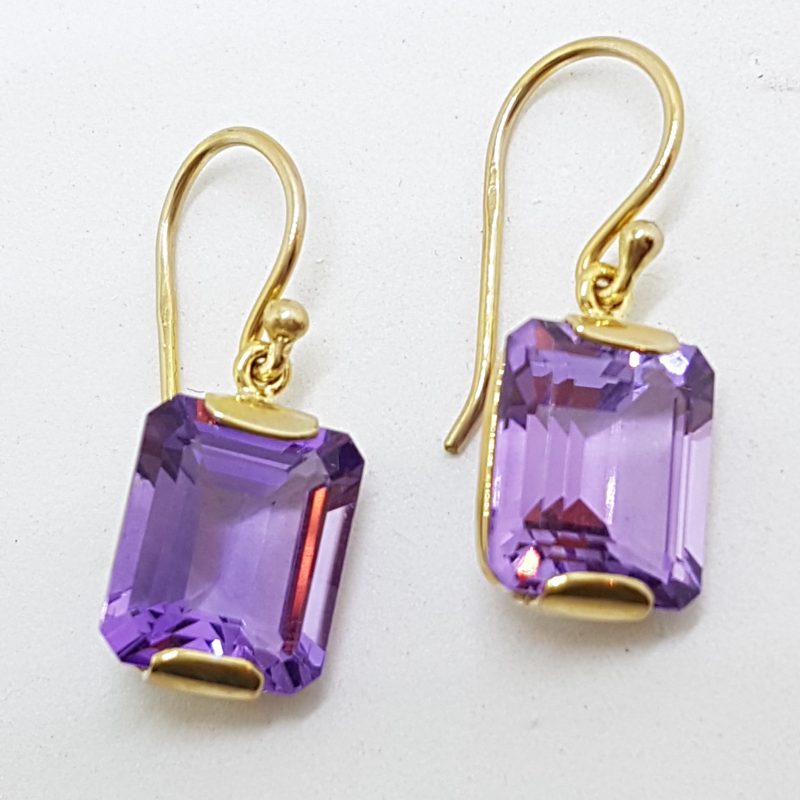 9ct Yellow Gold Rectangular Amethyst Drop Earrings