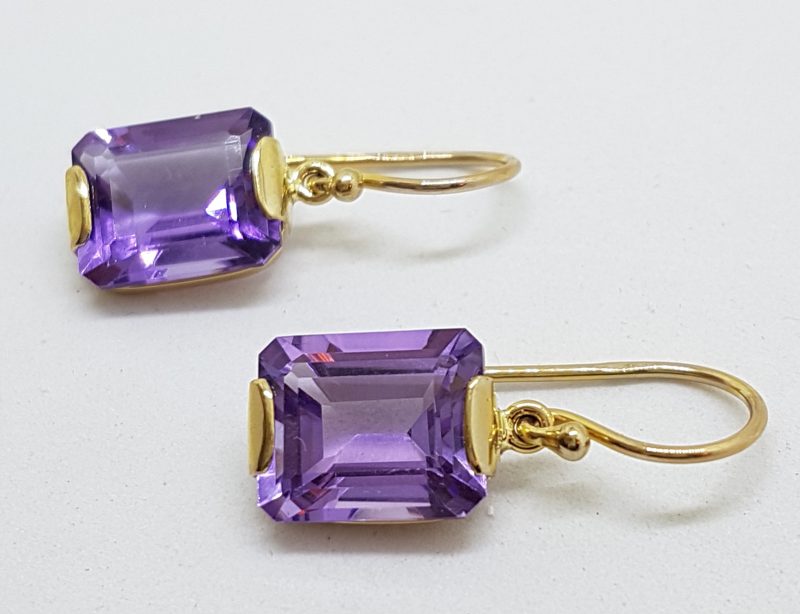 9ct Yellow Gold Rectangular Amethyst Drop Earrings