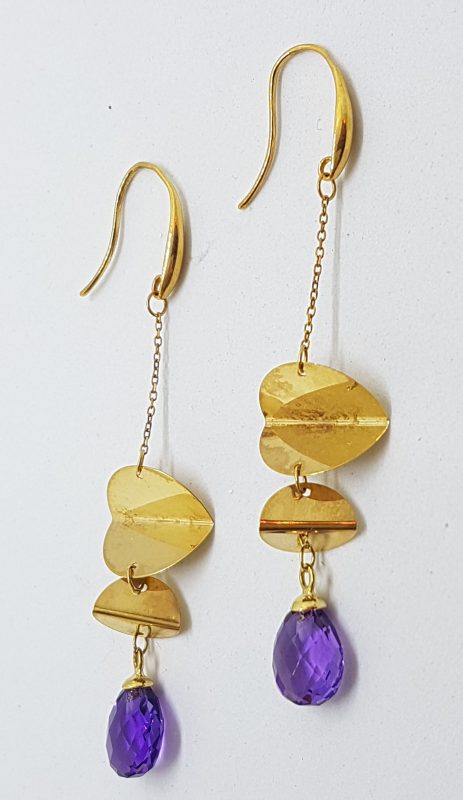 9ct Yellow Gold Amethyst Long Drop Earrings